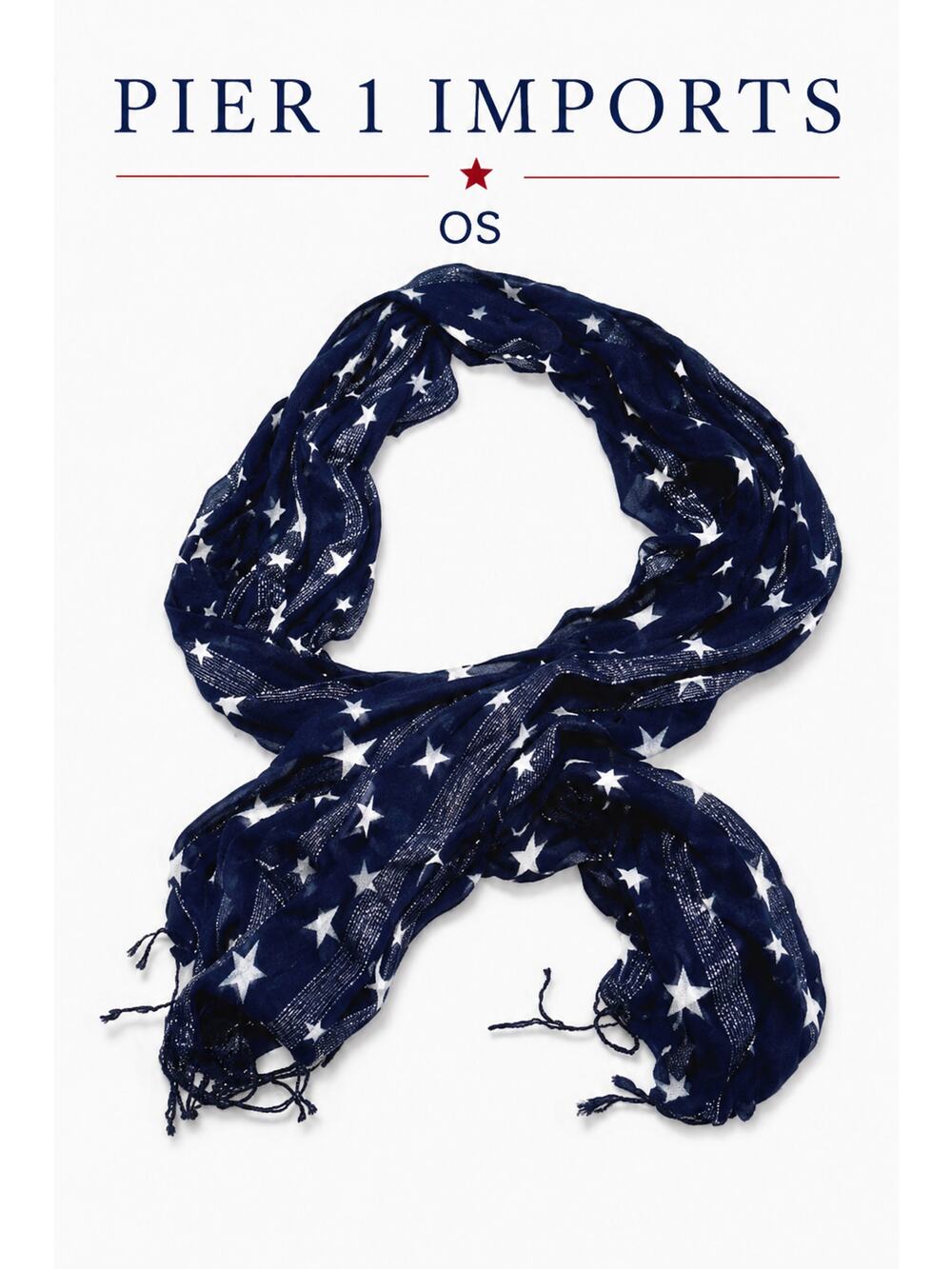 Pier 1 Imports Patriotic Star Scarf Navy Metallic Stripe Fringe Lightweight